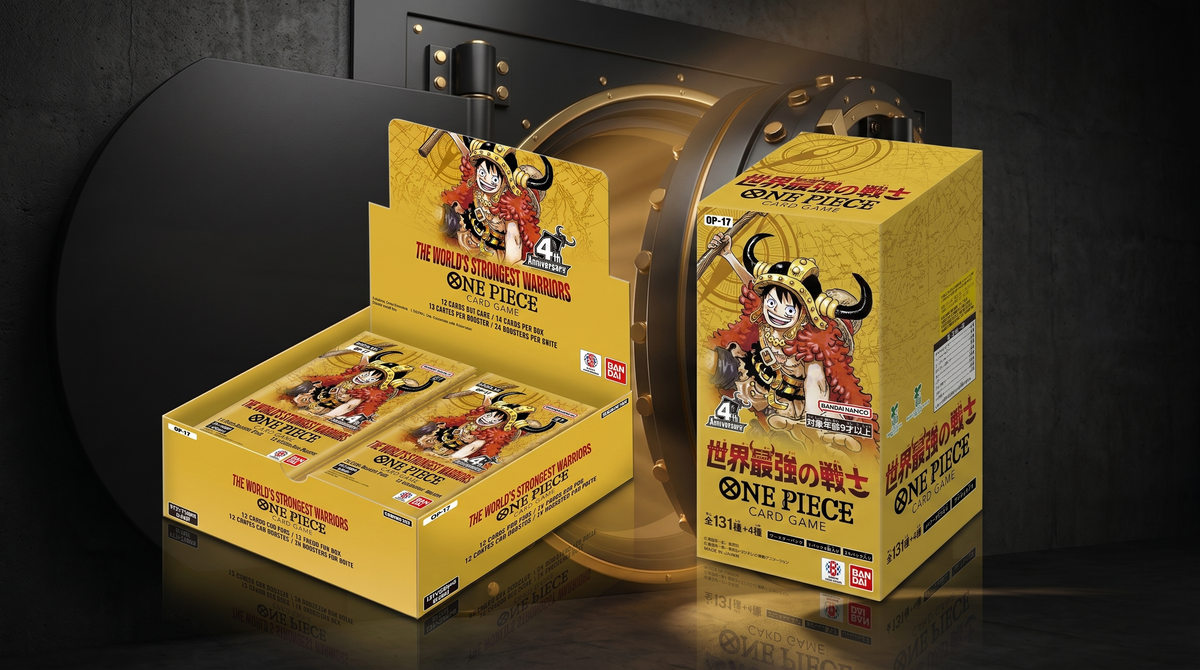 Sealed English and Japanese One Piece OP-17 booster boxes in the PlayVault vault — the two formats compared in the UAE product types guide.