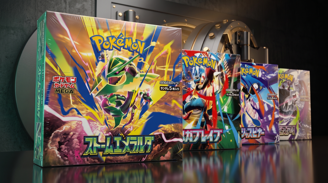 Sealed Japanese Pokémon Mega Evolution booster boxes in the PlayVault vault, led by Storm Emeralda (M6) — the Japanese source set for Delta Reign.