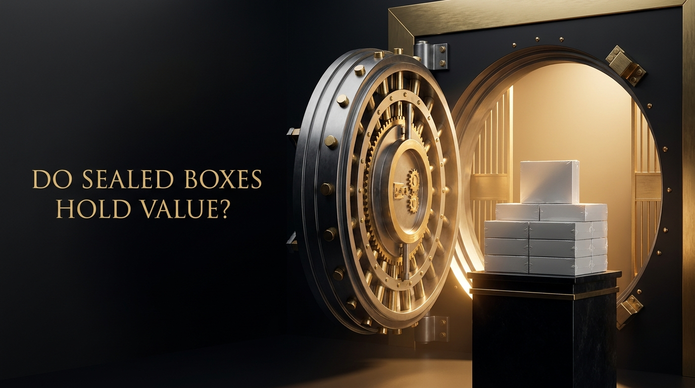 Sealed trading card booster boxes stacked inside a golden vault — do sealed booster boxes hold value, PlayVault UAE guide