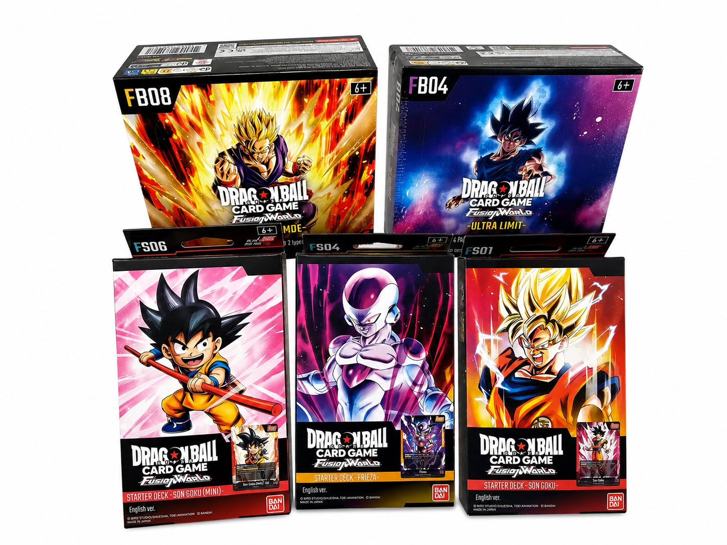 Dragon Ball Fusion World English booster boxes and starter decks including FB-08 Saiyan's Pride, FB-04 Ultra Limit, FS06 Son Goku Mini, FS04 Frieza and FS01 Son Goku available in the UAE at PlayVault Dubai