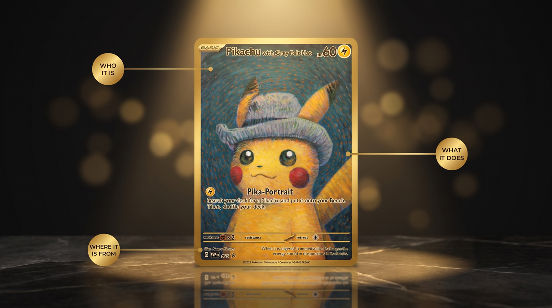How to read a Pokémon card — Pikachu with Grey Felt Hat card zones explained, PlayVault UAE guide