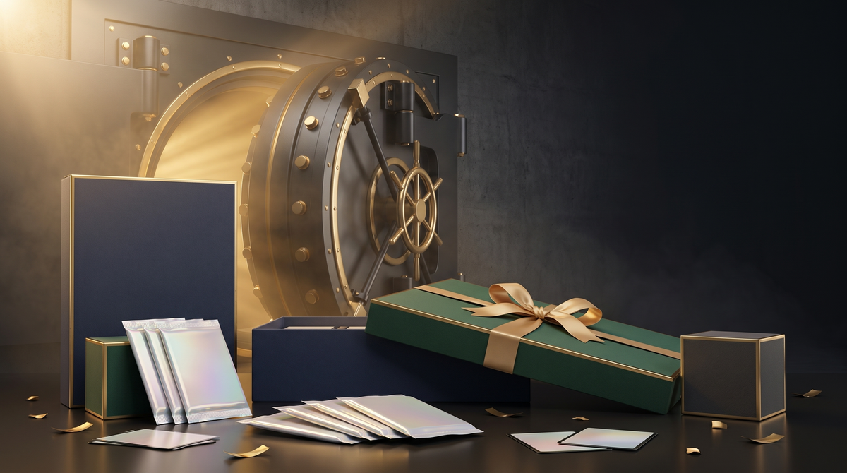 Sealed trading card gift boxes with gold ribbon in the PlayVault vault — TCG gift guide for the UAE at every budget