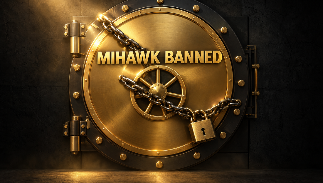 Gold PlayVault vault door chained and padlocked with the headline Mihawk Banned — One Piece ban list October 2026, UAE guide