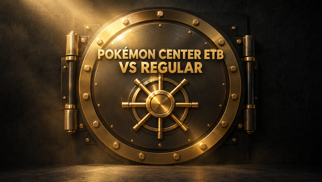 Gold PlayVault vault door with the headline Pokémon Center ETB vs Regular — which Elite Trainer Box to buy in the UAE