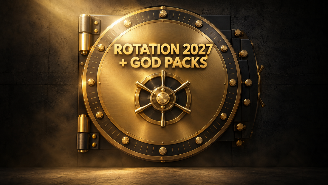 Gold PlayVault vault door with the headline Rotation 2027 + God Packs — MTG Standard rotation and booster changes, UAE guide
