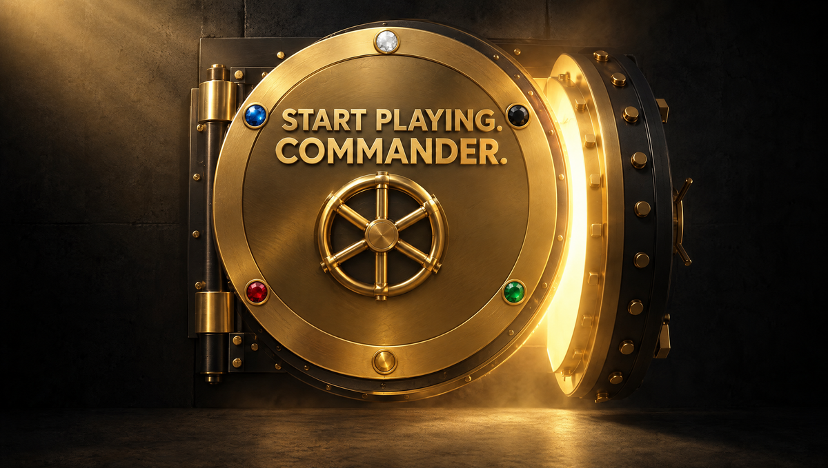 Gold PlayVault vault door with the headline Start Playing Commander — Foundations Commander decks beginner guide, UAE