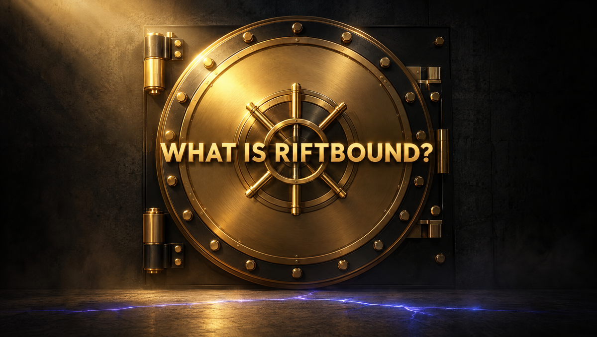 Gold PlayVault vault door with the headline What Is Riftbound? — League of Legends TCG beginner and buying guide, UAE
