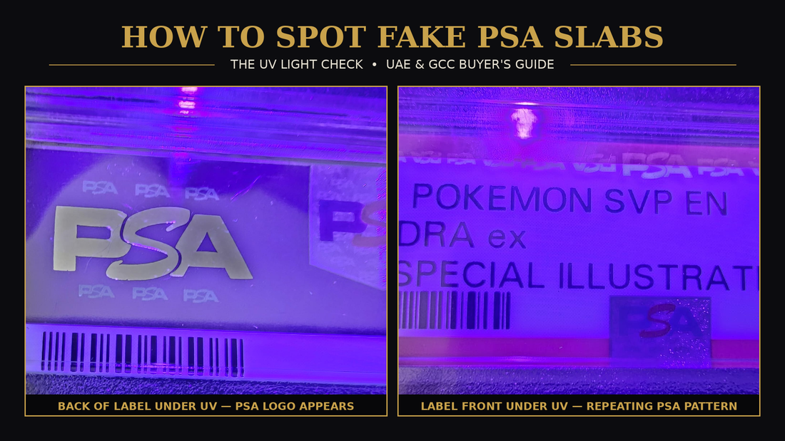 PSA slab label under UV light showing the genuine PSA logo pattern — how to spot fake PSA slabs