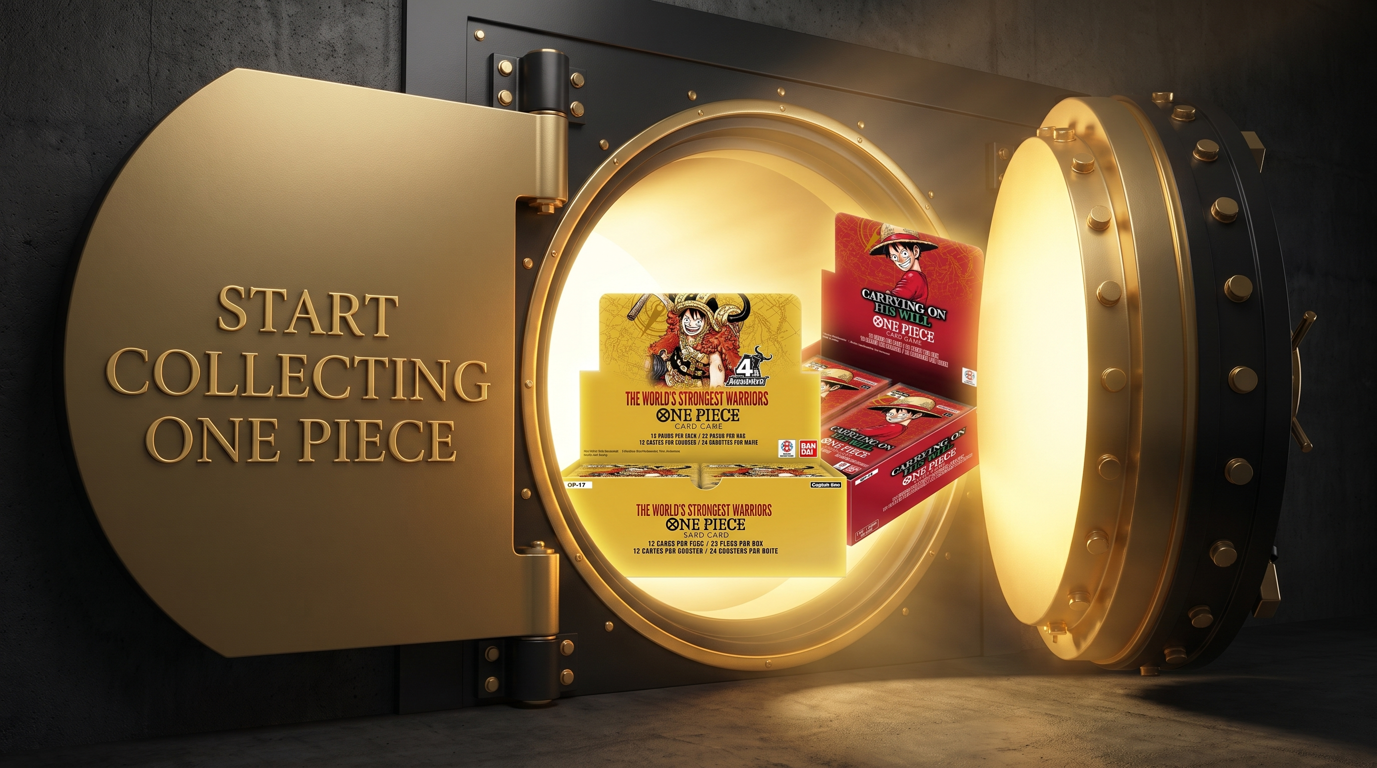 ne Piece OP-17 and OP-13 English booster boxes inside a gold vault with the headline Start Collecting One Piece — PlayVault UAE beginner guide