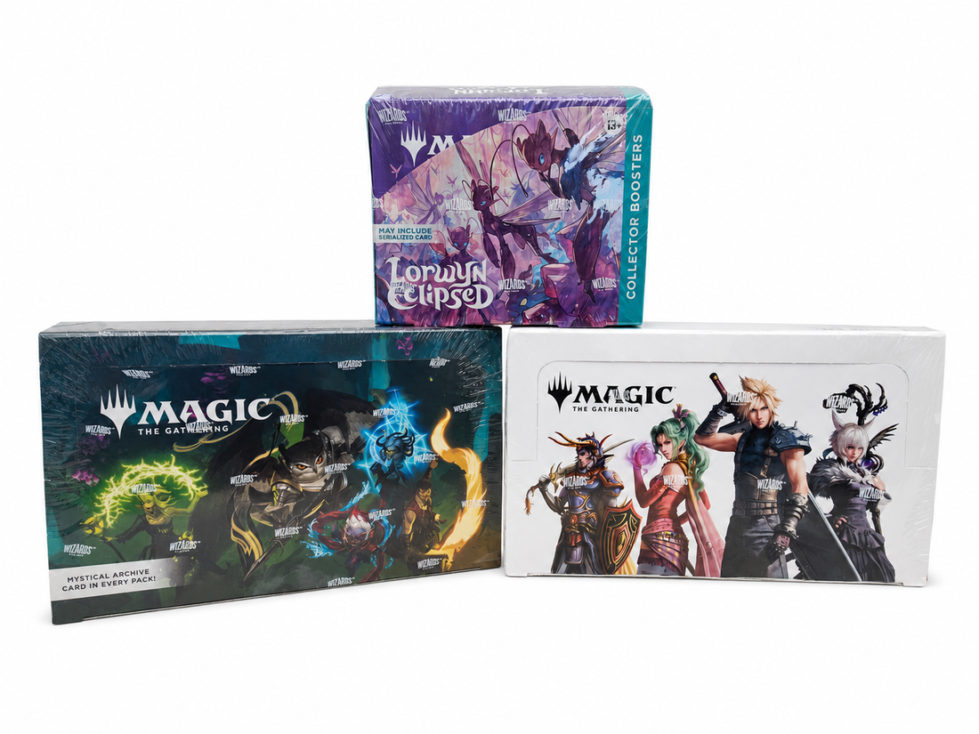 Magic: The Gathering Final Fantasy and Strixhaven Play Booster boxes and a Lorwyn Eclipsed Collector Booster at PlayVault UAE