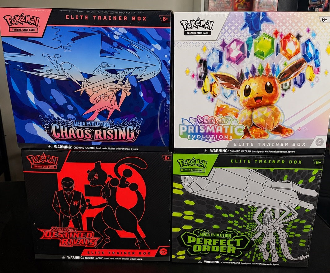 Pokemon Elite Trainer Boxes including Prismatic Evolutions, Perfect Order and Chaos Rising available in the UAE at PlayVault Dubai