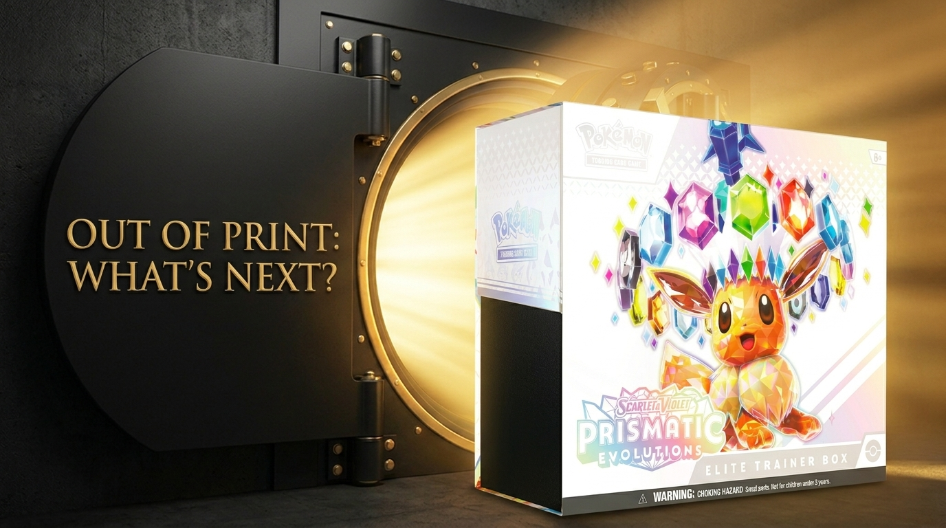 Pokémon Prismatic Evolutions Elite Trainer Box inside a gold vault with the headline Out of Print: What's Next — PlayVault UAE guide