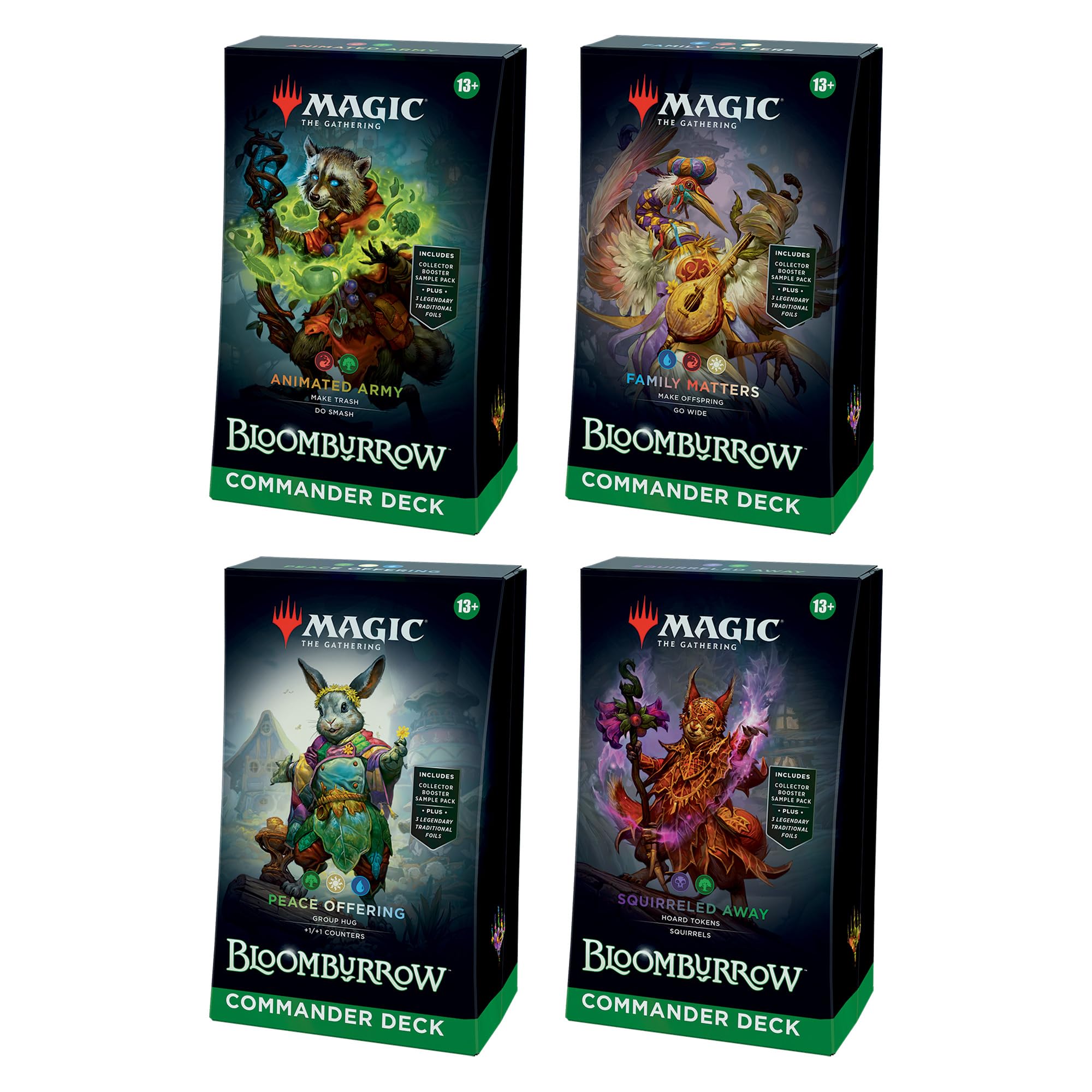 MTG Bloomburrow Commander Deck Set of 4 (Bundle) | Animated Army + Family Matters + Peace Offering + Squirreled Away