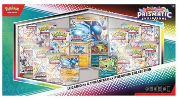 Prismatic Evolutions Lucario ex and Tyranitar ex Premium Collection box, sealed with minor outer packaging damage — PlayVault UAE