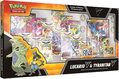 Heavy Hitters Premium Collection with Lucario V and Tyranitar V foil promos and 14 booster packs, factory sealed — PlayVault UAE