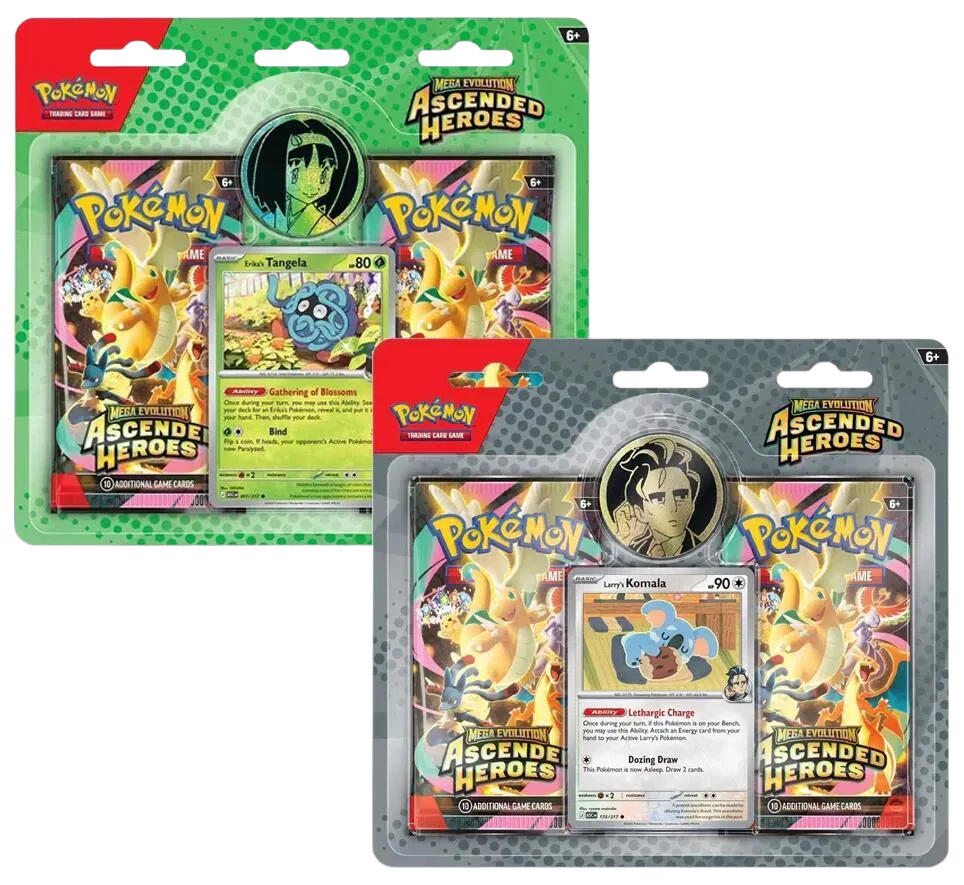 Ascended Heroes 2-pack blister with random Erika's Tangela or Larry's Komala promo and coin, factory sealed — PlayVault UAE