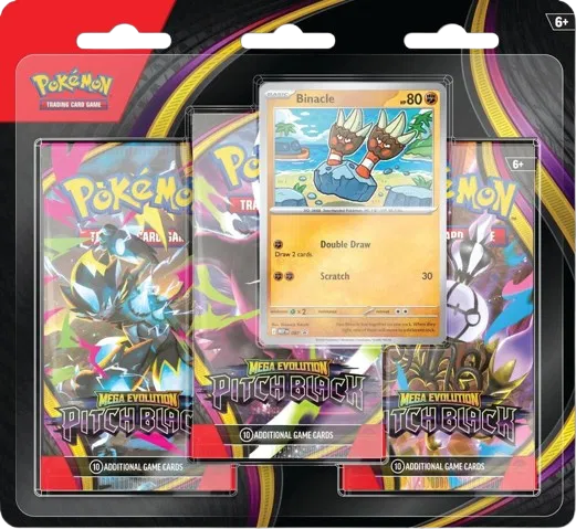 Pokemon TCG Mega Evolution Pitch Black 3-pack blister, Binacle foil promo, factory sealed — PlayVault UAE