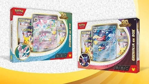 Pokémon TCG 30th Celebration Pokémon ex Box set of 2, one Sylveon ex and one Greninja ex box with 8 booster packs, factory sealed — PlayVault UAE